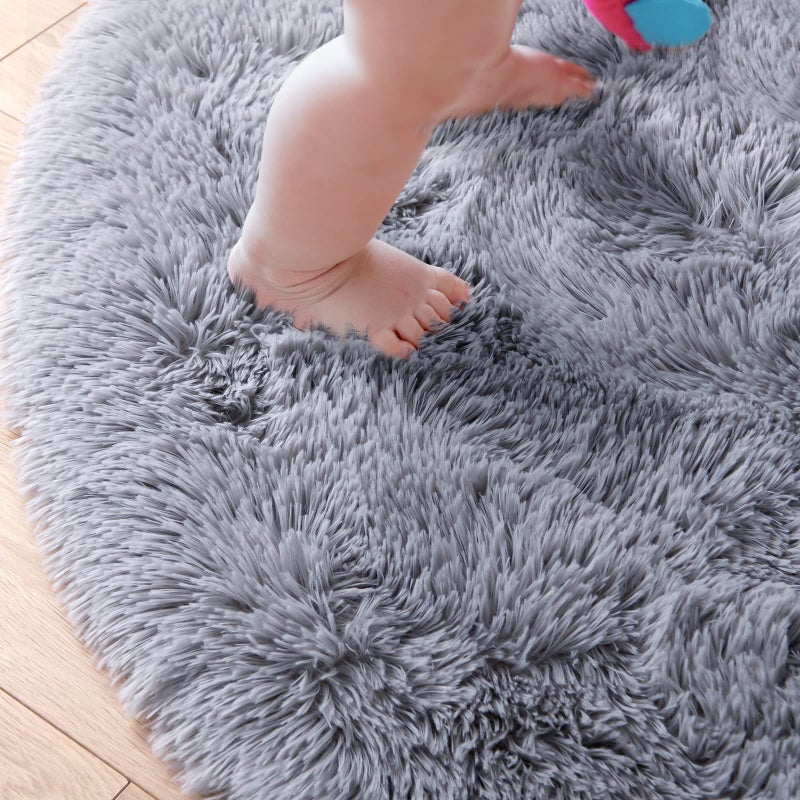 junovo Round Rug 4x4 Feet Fluffy Soft Area Rugs for Kids Girls Room Princess Castle Plush Shaggy Carpet Cute Circle Nursery Rug for Kids Girls Bedroom Baby Room Home Decor Circular Carpet, Grey - Image 5